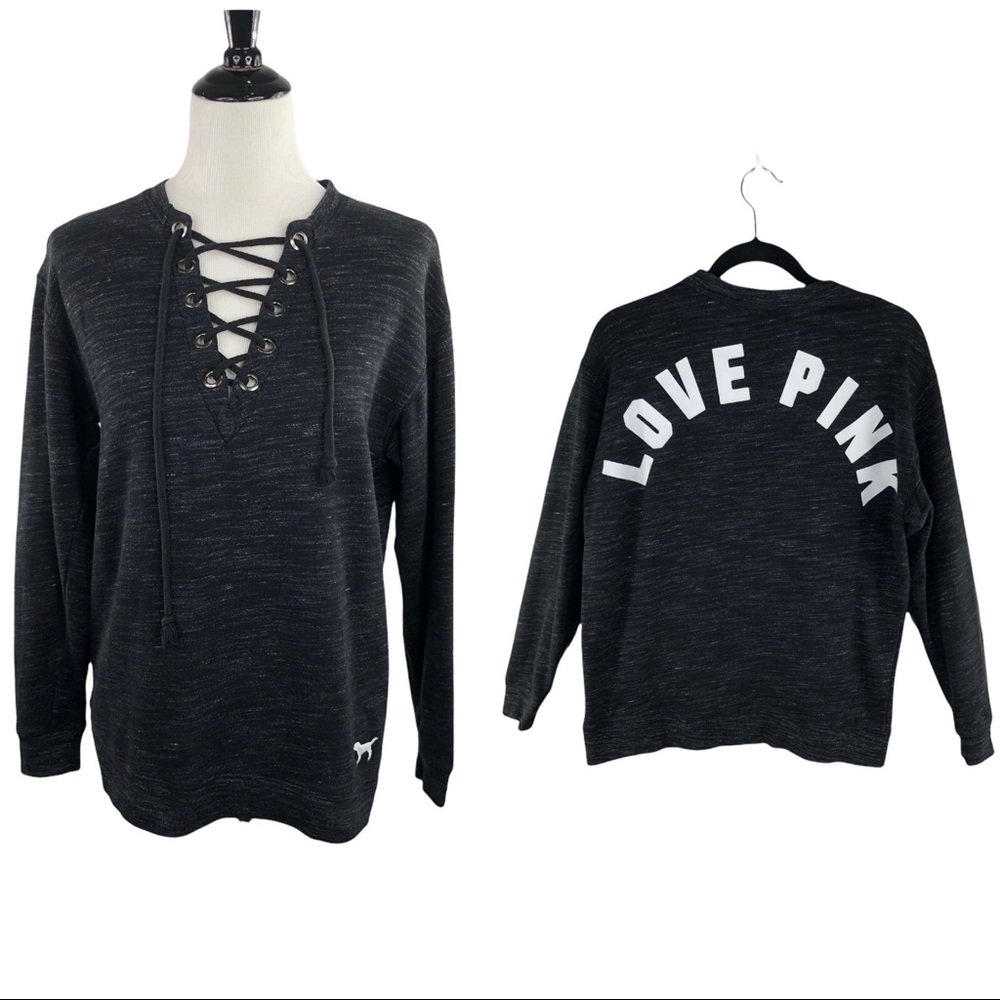 Victoria's Secret PINK Black Marled Lace Up V-Neck Campus Pullover OVERSIZED